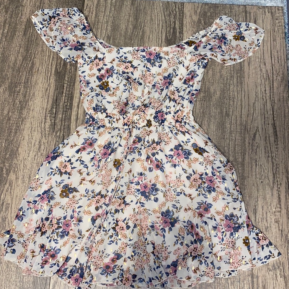 Floral With Gold Details Short Dress, off-shoulder